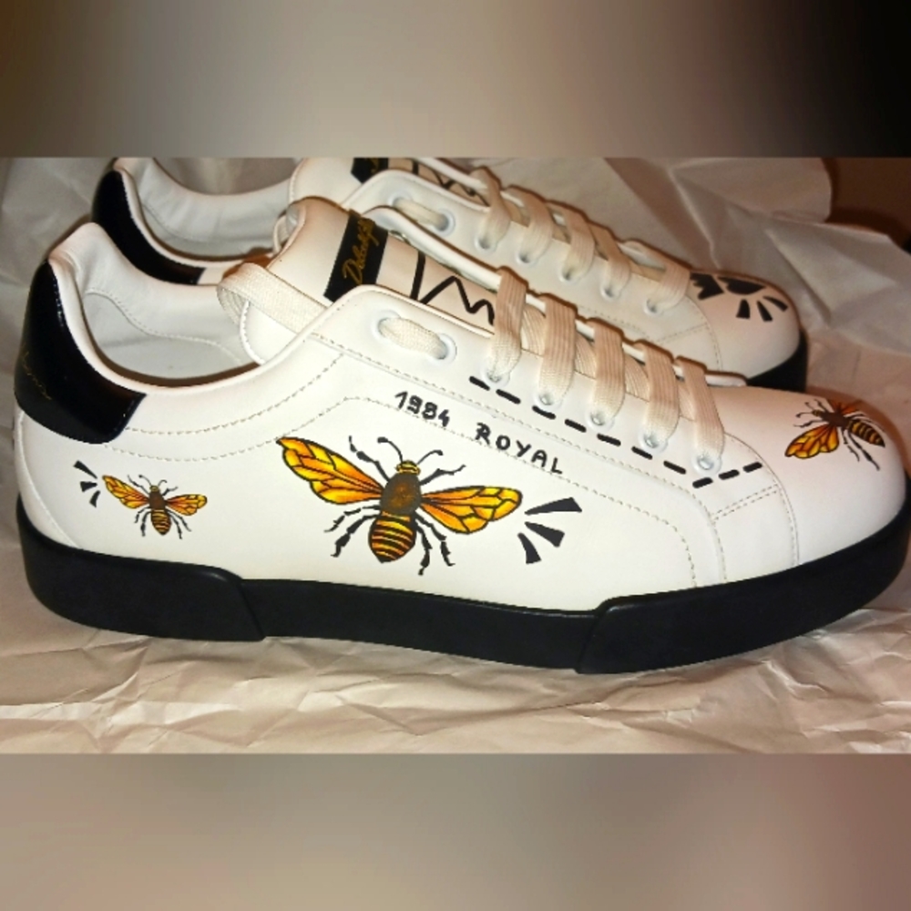 Brand New, DOLCE & GABBANA White Bee King Portofino Leather Sneaker, US 8
